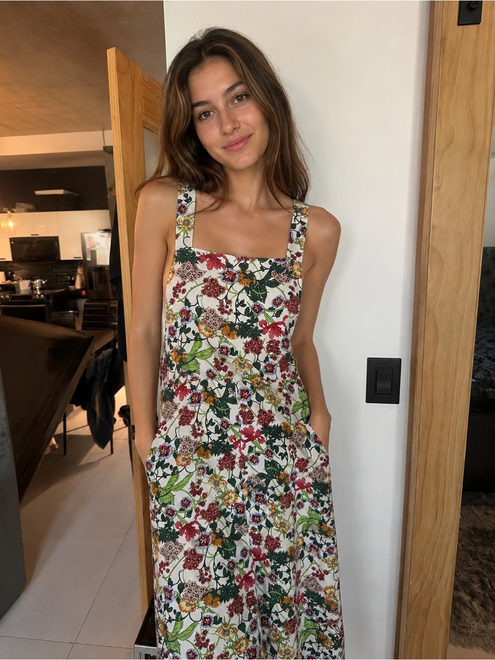 Floral Square-Neck White Maxi Dress with Green and Red Print